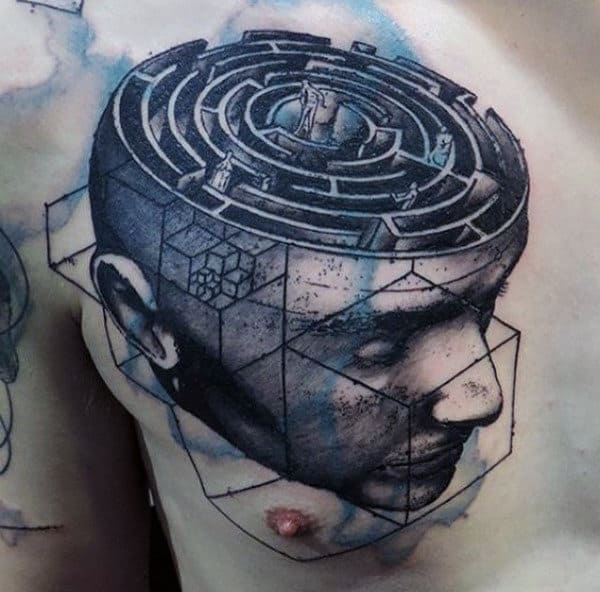 Portrait Maze Unique Abstract Male Chest Tattoos
