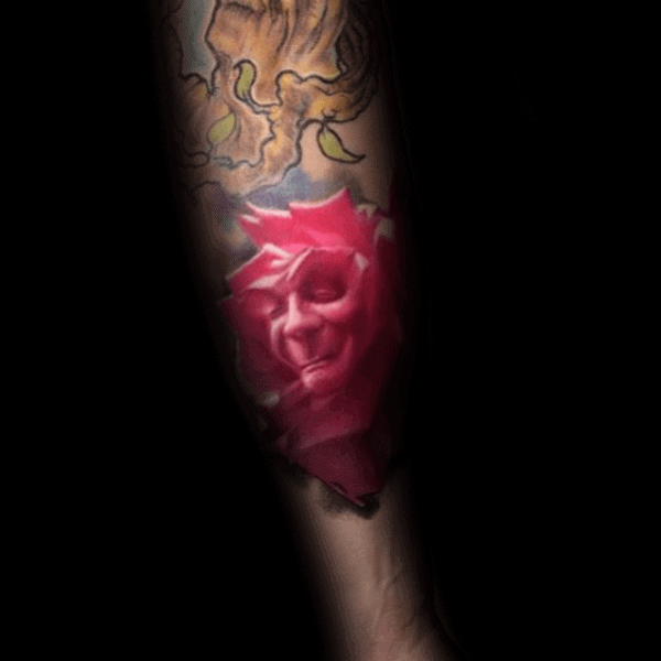Portrait Of Face Inside Realistic Rose Flower Mens Tattoos