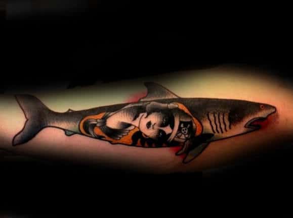 Portrait With Shark Guys Traditional Outer Forearm Tattoo Design Ideas