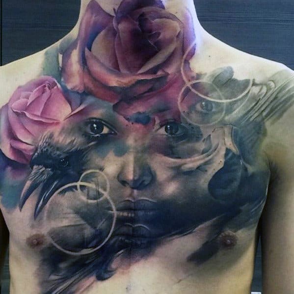 Portrait And Rose Chest Tattoos