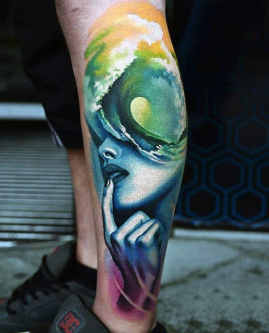 Potrait Ocean Wave Abstract Mens Tattoos In Color On Leg