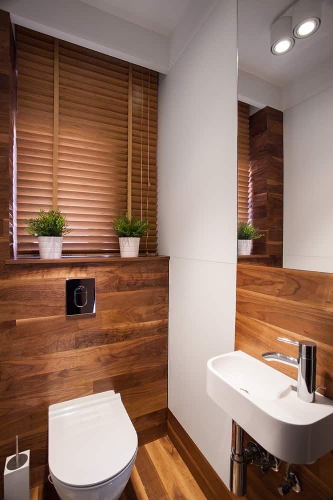 modern toilet wood feature wall