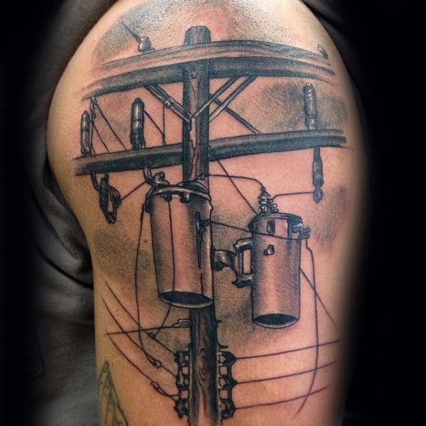 Power Line With Transformers Mens Lineman Arm Tattoo Ideas