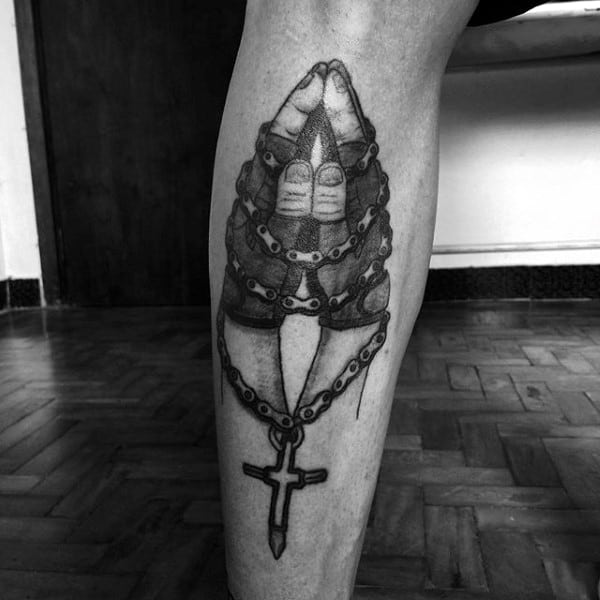 Praying Hands With Bicycle Chains Tattoo On Calf Male