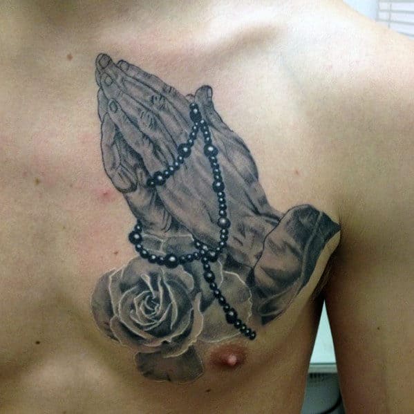 Praying Hands With Catholic Rosary Mens Upper Chest Tattoo