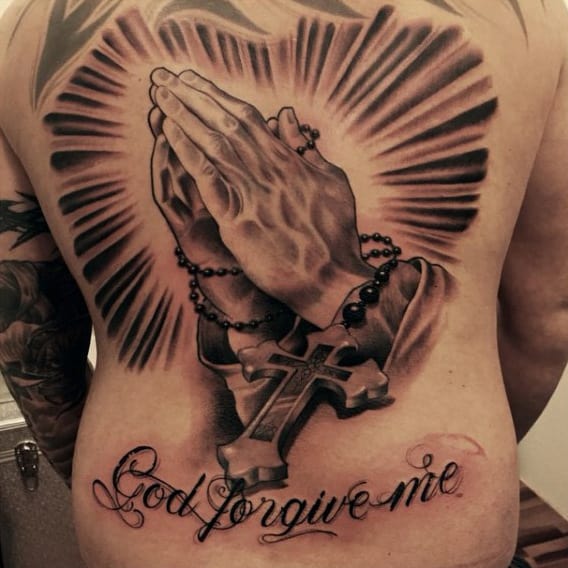 Praying Hands With Cross Tattoo For Men On Back