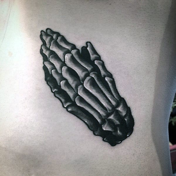 Praying Skeleton Hand Mens White And Black Ink Rib Cage Side Tattoos