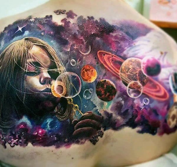 Pretty Girl Blowing Bubbles Into Space Tattoos On Back For Men