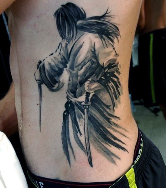 Pretty Grey Shaded Samurai Tattoo Males Torso