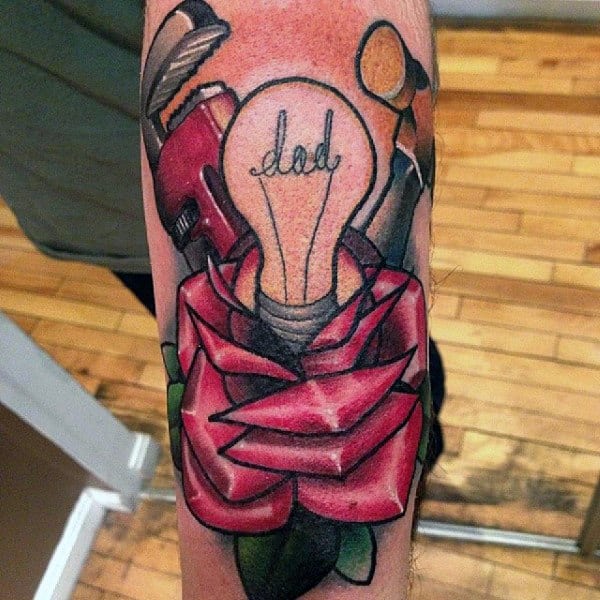 Pretty Red Rose And Light Bulb Dad Tattoo Male Forearms