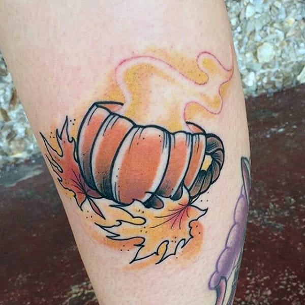 Pumpkin Cup With Fall Leaves Male Leg Tattoo