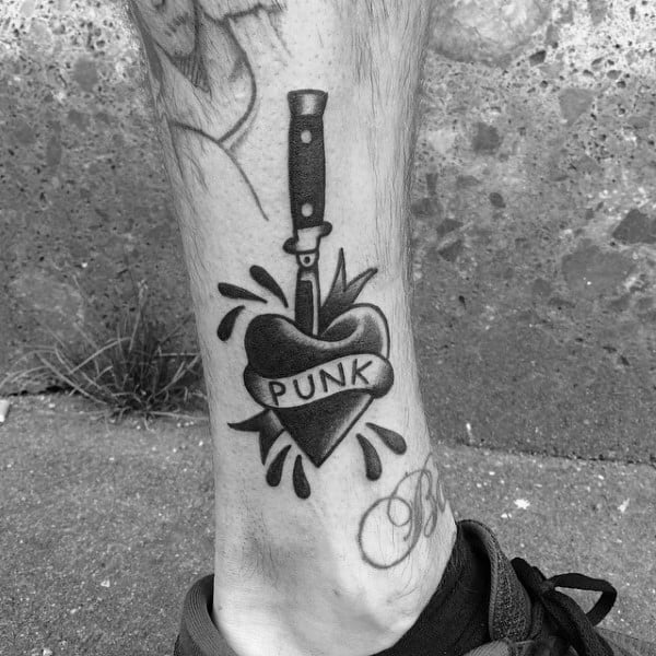 Punk Knife Heart Male Traditional Lower Leg Tattoos