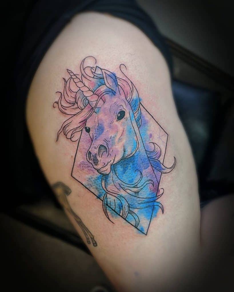 Purple Blue Watercolor Fill Diamond Framing Linework Color Unicorn Tattoo