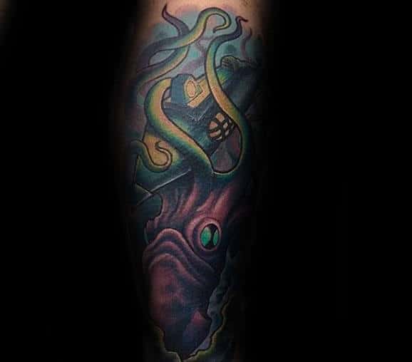 Purple Kraken Sinking Submarine Underwater Tattoo For Males