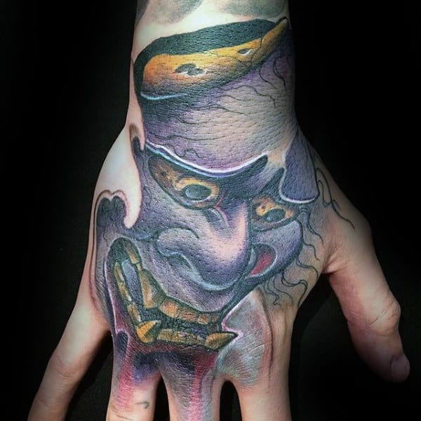 Purple Mens Hannya Mask Hand Tattoo Designs