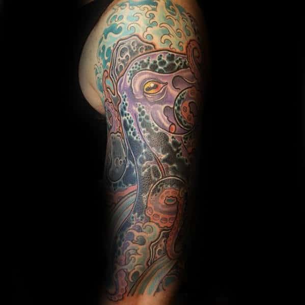 Purple Octopus With Ocean Waves Guys Half Sleeve Tattoo
