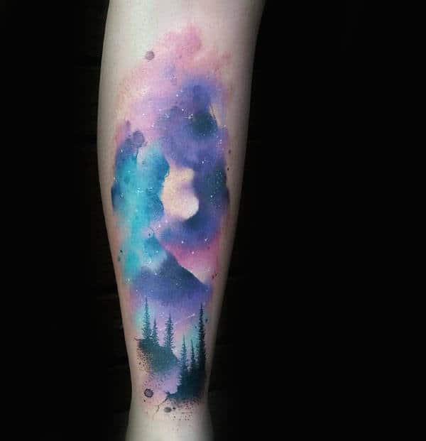 Purple Universe Dark Watercolor Tree Tattoo Male Forearms