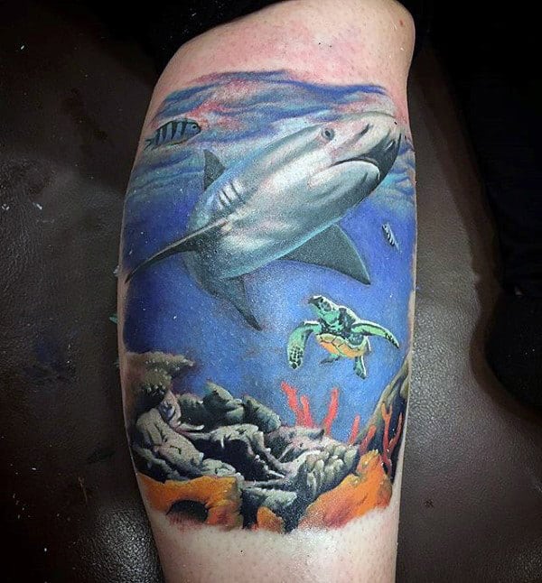 Quarter Sleeve Guys Shark With Turtle And Coral Reef Leg Tattoo