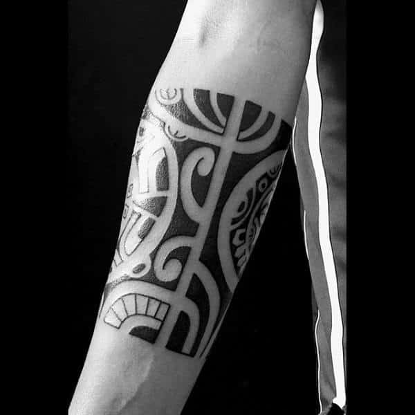 Quarter Sleeve Male Black Ink Hawaiian Style Tribal Forearm Tattoos