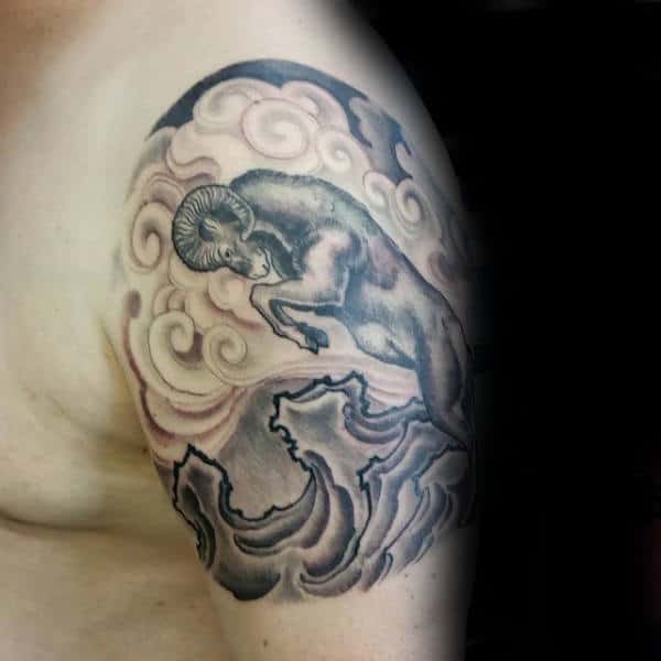 Quarter Sleeve Tattoo For Men Of Ram Charging Into The Clouds