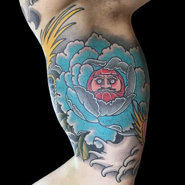 Quater Sleeve Guys Daruma Doll Blue Flower Tattoos