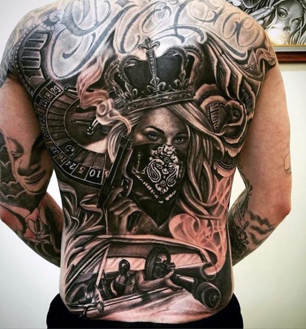 Queen Mens Chicano Themed Full Back Tattoos