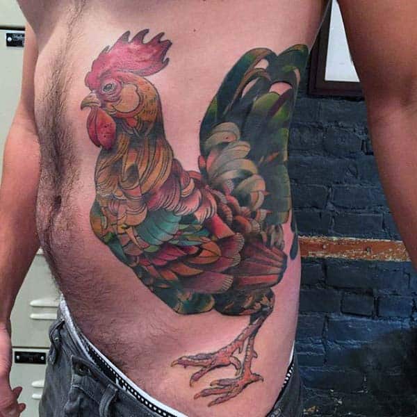 Quilted Feather Rooster Tattoo For Men Side