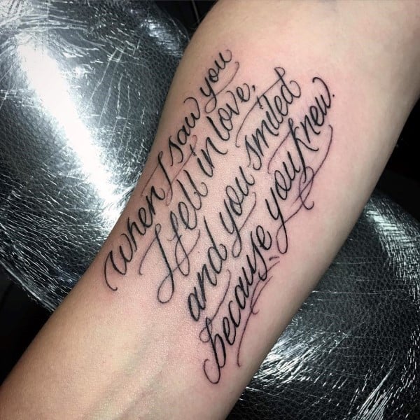Quote Love Script Mens Inner Forearm Tattoo