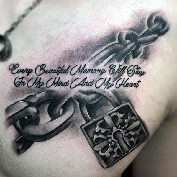 Quote With Lock And Chain Mens Chest Tattoos