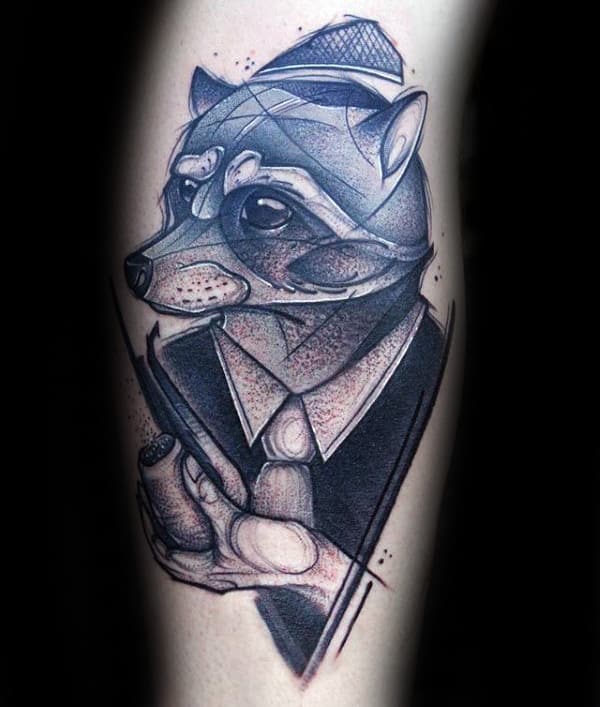 Raccoon With Pipe Mens Sketched Arm Tattoo Designs