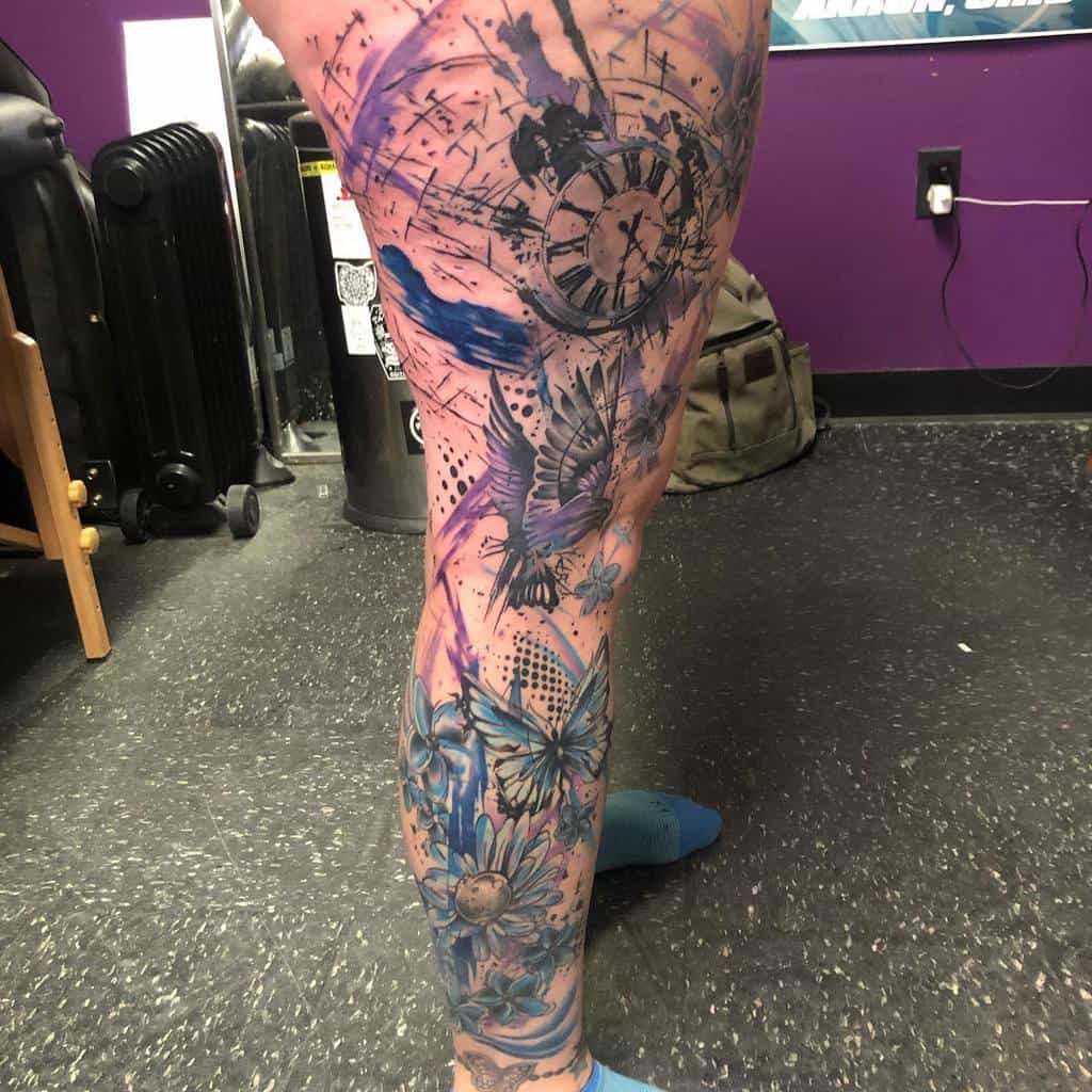 Racoons drop dead custom trash polka leg sleeve tattoo watercolor