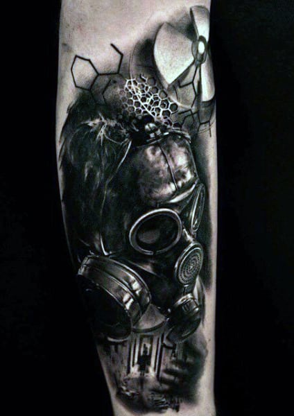 Radioactive Gas Mask Mens Tattoo On Forearm