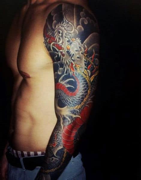 Raging Red Grey Dragon Tattoo Male Full Sleeves