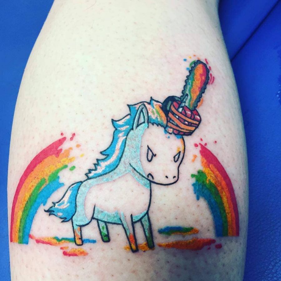 Rainbow Hacked Through By Chainsaw Attached To Head Funny Unicorn Tattoo