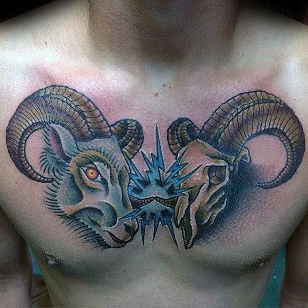 Ram Bucking Skull Guys Upper Chest Tattoo Designs