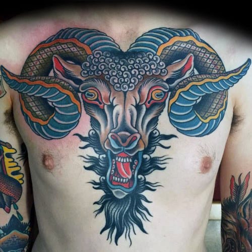 Ram Head Traditional Male Chest Tattoo