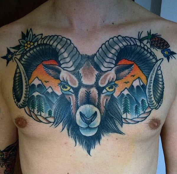 Ram Mountains Guys Old School Chest Tattoos