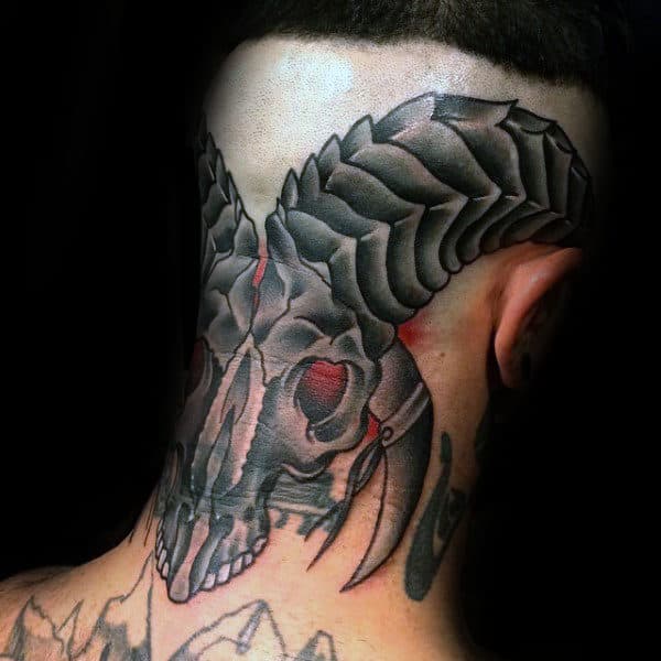 Ram Skull Mens Back Of Head And Neck Tattoos