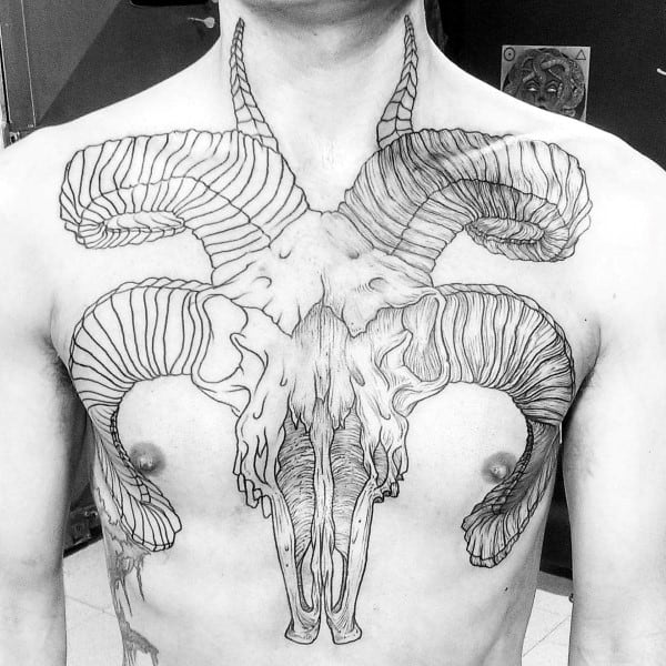 Ram Skull With Crazy Horns Mens Chest Tattoos