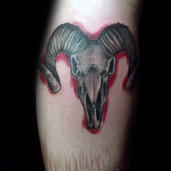Ram Skull With Red Watercolor Background Mens Aries Tattoo