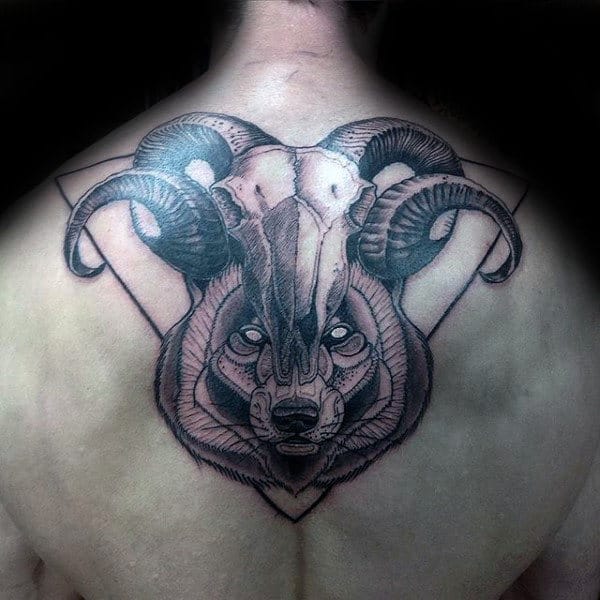 Ram Skull With Wolf Mens Triangle Upper Back Tattoos