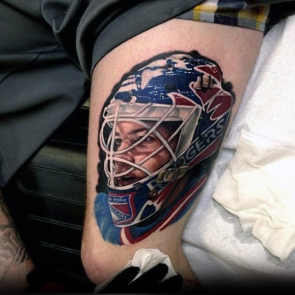 Rangers Hockey Mask Guys Thigh Tattoo Designs