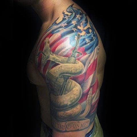 Rattlesnake With Rifle And American Flag Mens Half Sleeve Tattoos