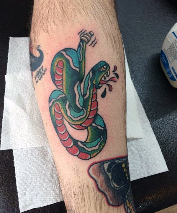 Rattling Snake Traditional Mens Leg Tattoo Ideas