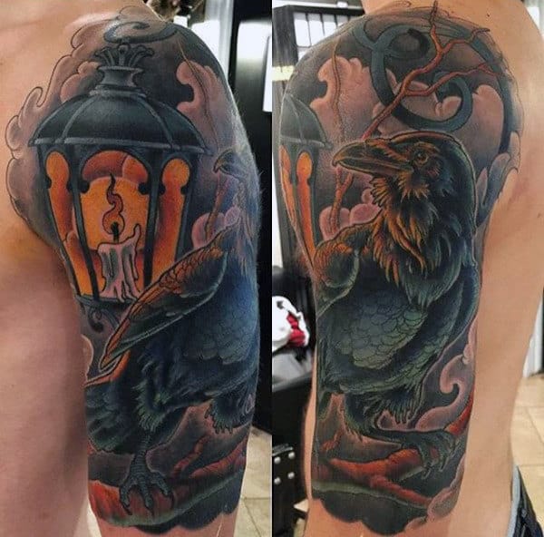 Raven And Burning Candle Tattoo Guys Arms