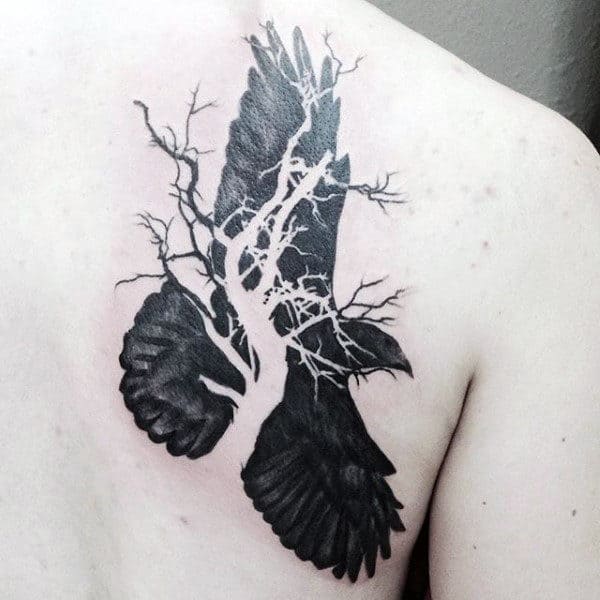Raven And Dried Branch Of Tree Tattoo Male Back