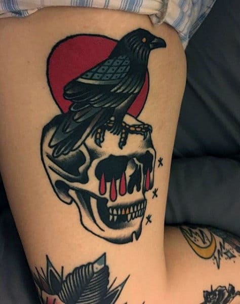 Raven On Crying Skull Tattoo On Arms For Men