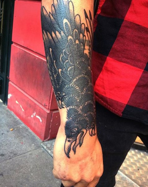 Raven With Lovely Black Feathers Tattoo Forearms Guys