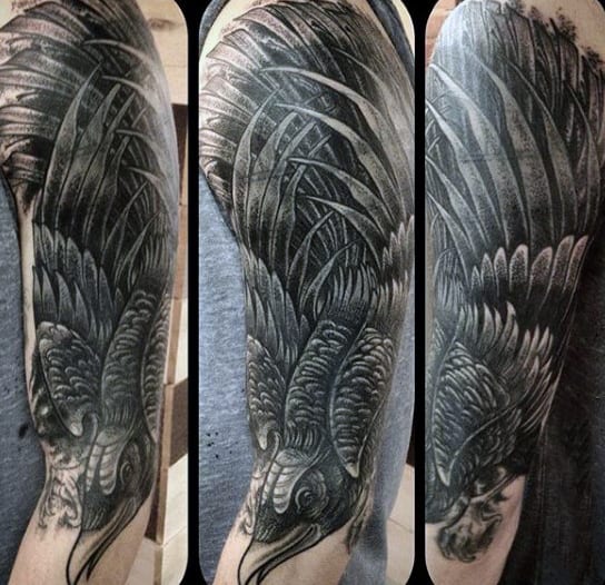 Raven With Magnificient Wings Tattoo On Sleeves For Guys