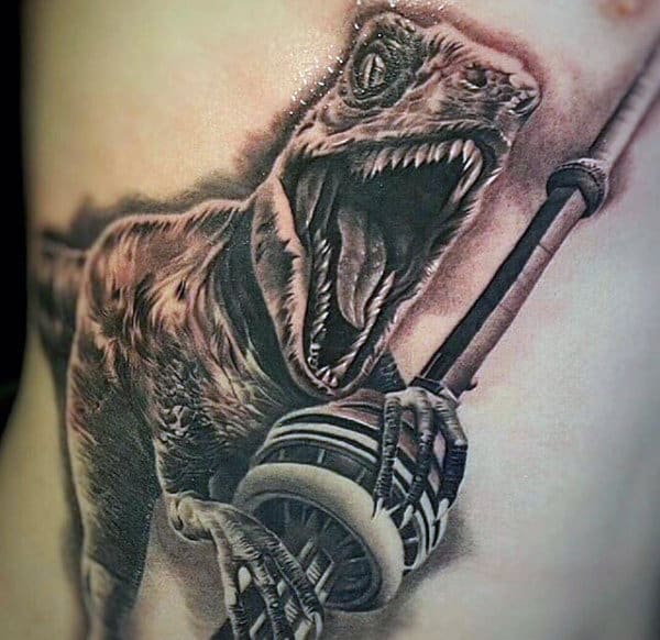 Raving Mad 3D Dinosaur Tattoo On Side Ribs Man